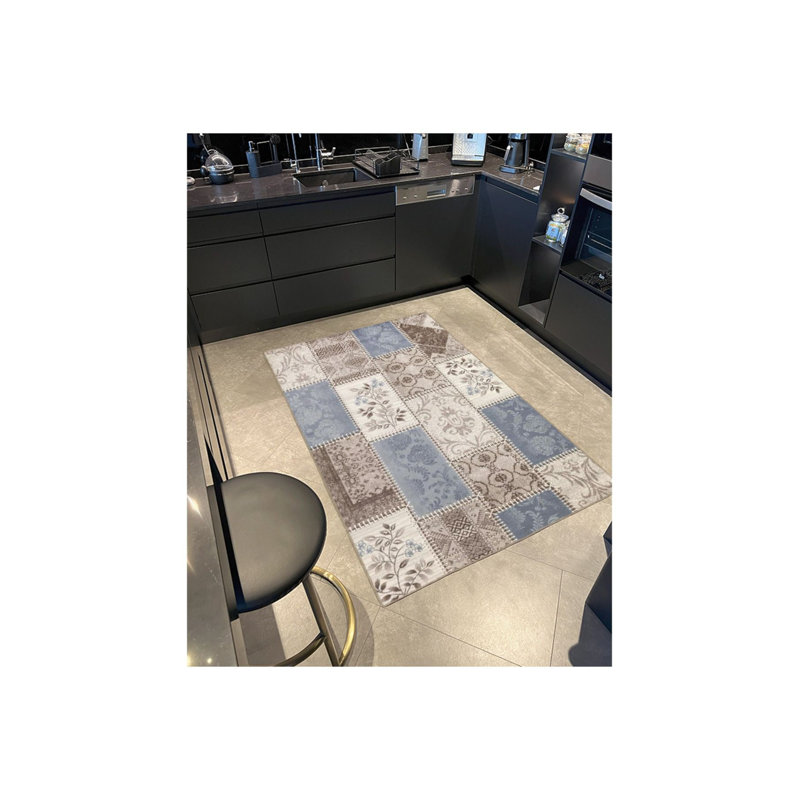 Tapis tissé à motif géométrique abstrait bleu et gris lavable à la machine, Tapis de couloir 4 pi 11 po x 9 pi 10 po inclus