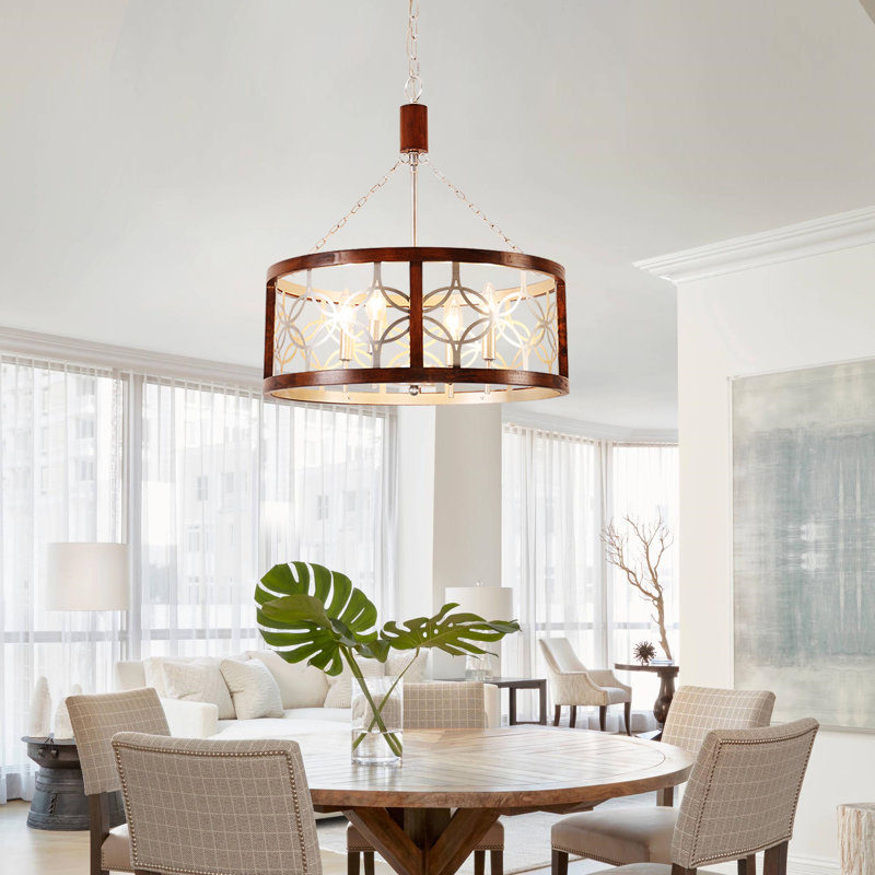 Farmhouse Antique 4-Light Drum Wood Accents Chandelier, Distressed White