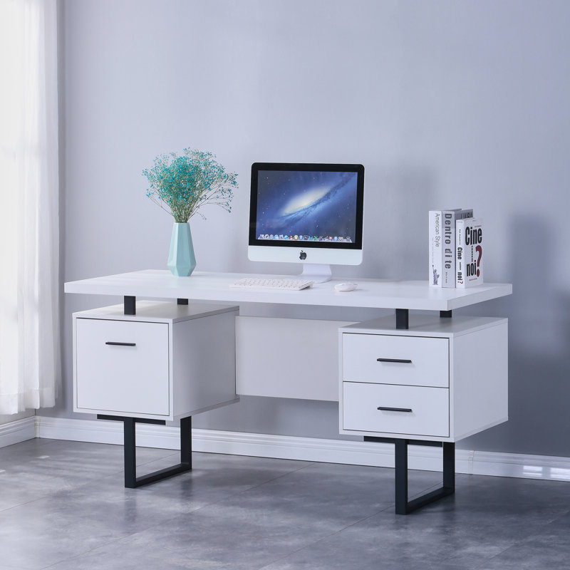 Bureau avec rangement Bazara, blanc, Blanc / noir