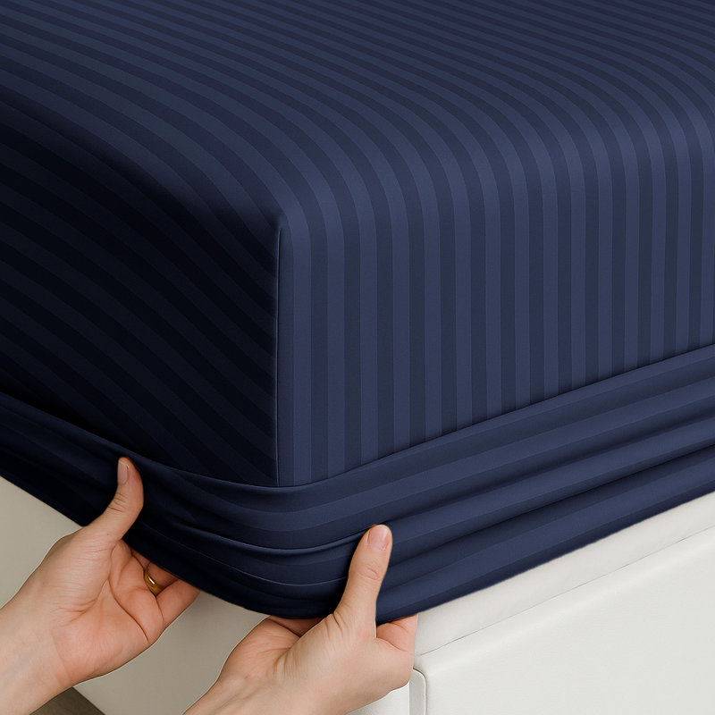 40cm Deep Pocket Microfiber Stripe Fitted Sheet, Navy, Single (3')