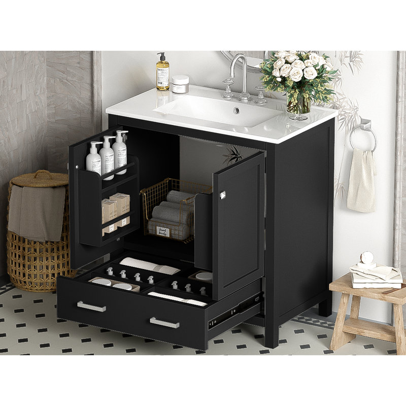 Meuble-lavabo noir de 30 po avec lavabo simple. Armoire, charnières. Armoire de rangement à 2 portes et 1 tiroir. Bassin en céramique rectangulaire. Moderne en noir. Tiroir avec cadre en bois massif. Portes d'évier. Outil d'organisation