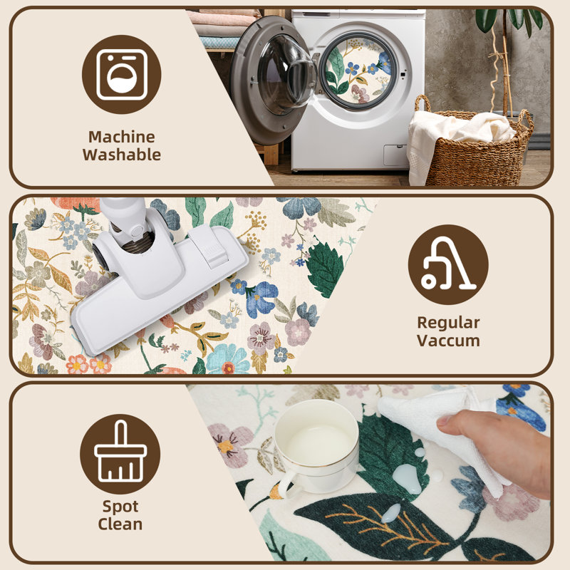 Washable 4x4 Square Area Rug: Floral Scalloped Soft Rugs for Living Room Bedroom Non Slip Bathroom Nursery Floor Mat Water Resistant Low Pile Carpet for Kitchen Entryway (4x4,Cream)
