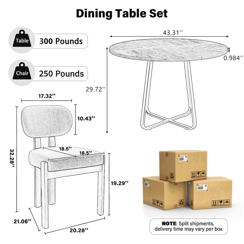 43.3" Round Dining Table Set For 2-4, Modern Kitchen Table With Metal Base, MDF Tabletop & Chenille Upholstered Chairs, Multi-Purpose Dining Set For Dining Room, Kitchen, Breakfast Nook, Small Space