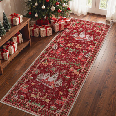 Christmas Red Machine Washable Non-Slip Area Rug