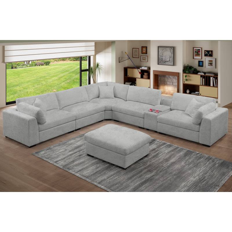 Modern Reversible Sectional Sofa 6-Seats Comfy Modular Couch With Large Ottoman, Storage & Cup Holder & USB Charging
