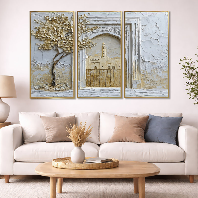 Maroc, médina d'or de Fès - ensemble d'art mural Maroc, Toile avec cadre flottant or, H 40 po x l 60 po x P 1 po