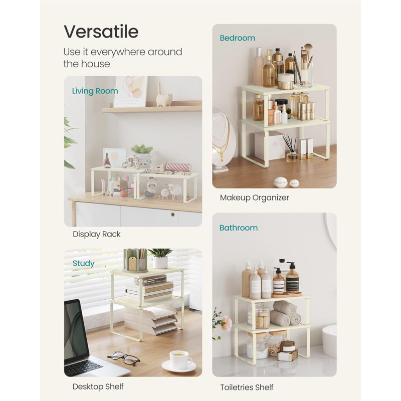 Ensemble de 2 tablettes de rangement pour armoire de cuisine, étagère à épices, empilable, extensible, métal et bois d'ingénierie, blanc crème UKCS002W02