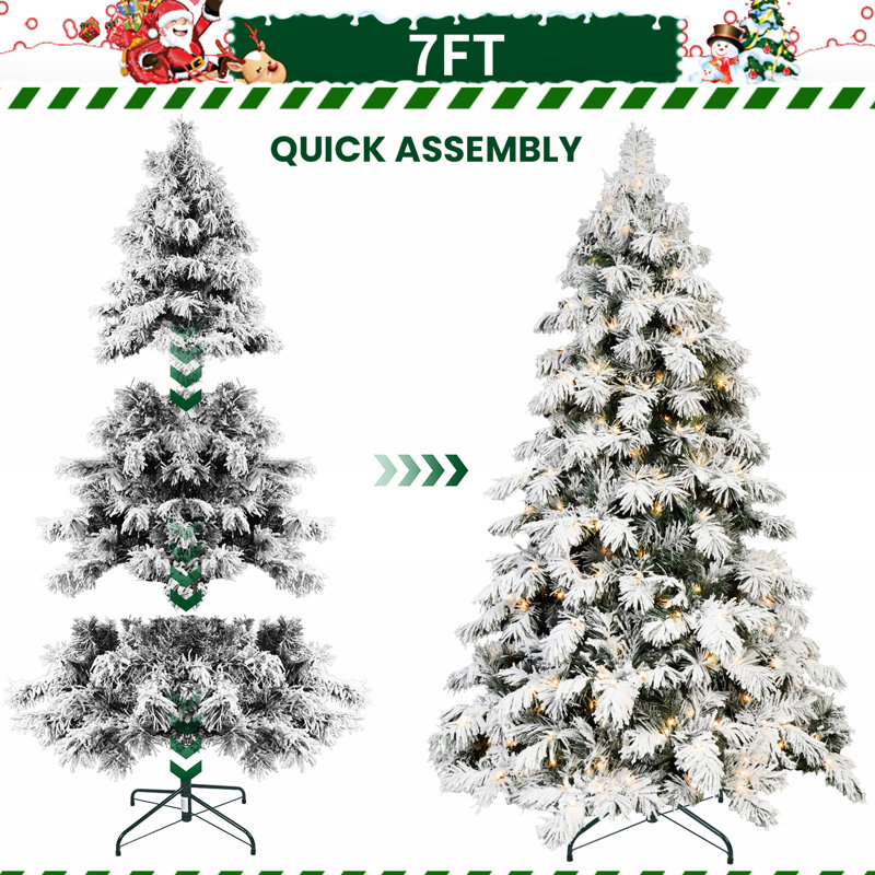Arbre de Noël en flocage de 5 pi avec maquillage d'épouvantail, 200 composants d'éclairage blanc chaud, 375 fils de mémoire, conception à charnières facile à assembler, base en métal élégante avec fonctionnalité, dispositifs, conseils, connexion rapide