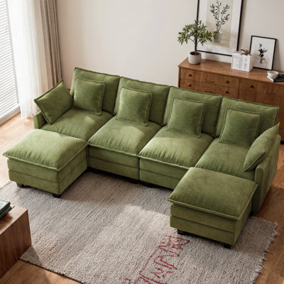 George 6-Piece Upholstered Chenille U Shaped Sectional Sofa with Two Ottomans