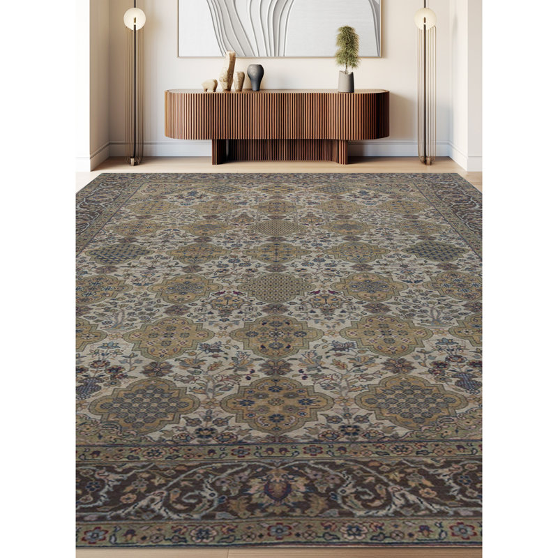 Lamani Wool Oriental Area Rug in Ivory/Blue/Green