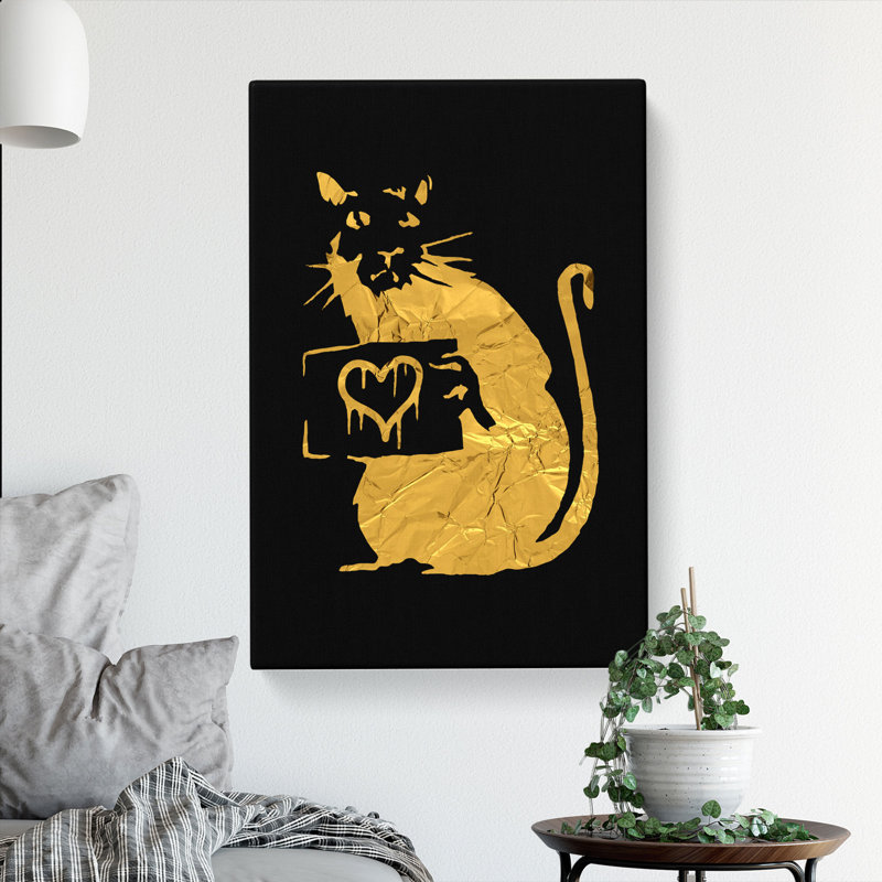 Banksy in Gold Rat with Heart - Wrapped Canvas, 76cm H x 50cm W x 3cm D