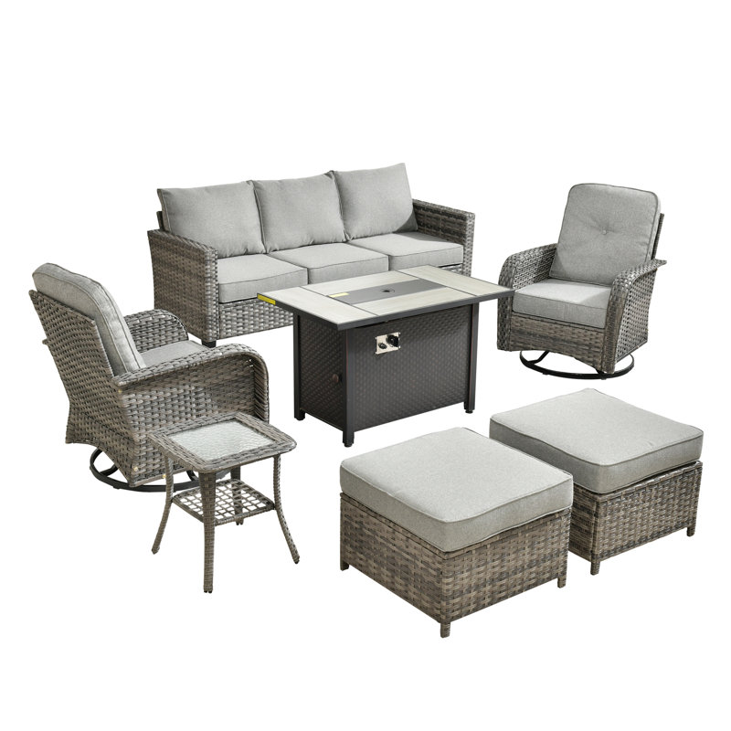 Ensemble de chaise berçante en osier, 7 pièces de mobilier d'extérieur en rotin de réception, chaise berçante résistante aux intempéries