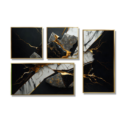Géode abstraite noire III - 4 impressions sur toile modernes et noires