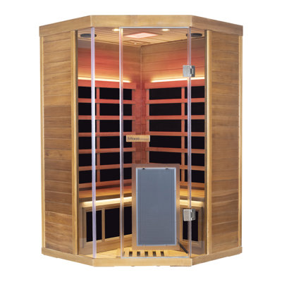 Wizzisaunas 2-Person Indoor Far Infrared Sauna, Red and Blue Light Therapy, Remote Temperature Control Via App, Tempered Glass Door, Built-In Bluetooth Speaker, Red Cedar Wood