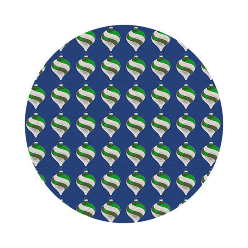 Xmas Ornament Black Vegan Leather Round Coasters, Blue