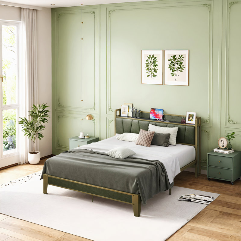 Dark Green Upholstered Platform Bed With Storage Headboard & Charging Station, Full, Dark Green