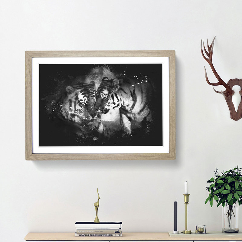 Two Snuggling Tigers - Picture Frame Graphic Art Print, Oak Framed, 33cm H x 45cm W x 2cm D