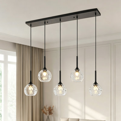 5 Light Linear Kitchen Island Pendant Lights With Hammered Water Globe Glass