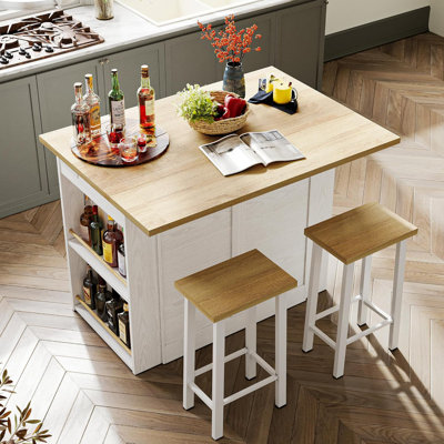 3 Pieces Kitchen Dining Table Set with Storage Cabinet and Drawers, Kitchen Island with 2 Stools and Drop Leaf