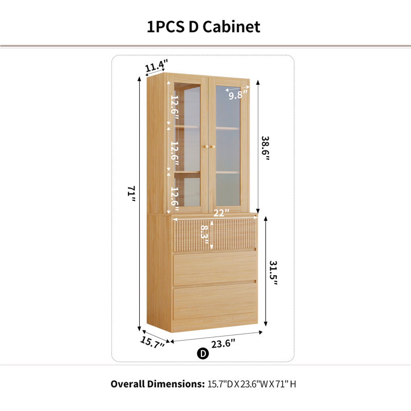 Bibliothèque de rangement en bois 71 "avec 2 portes en verre trempé et 3 grands tiroirs Branigans