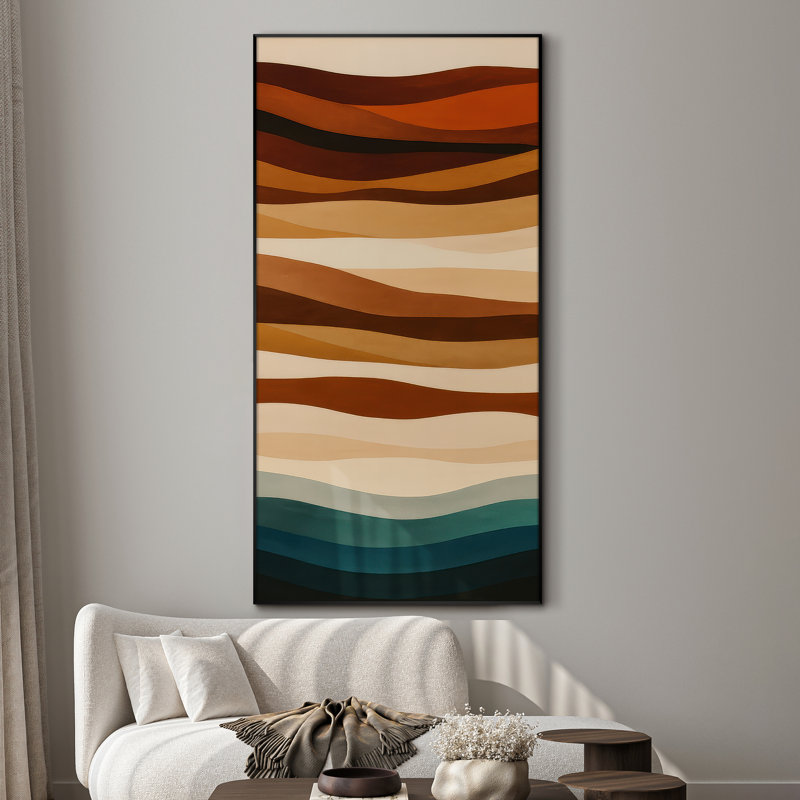 Très grande reproduction d'art sur tissu - Rayures en tons de terre et de vagues bleu sarcelle pour le salon ou la chambre à coucher - «Assemblage requis du cadre (cadre non fini)»