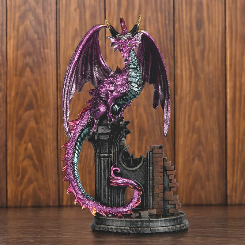 7"H Purple Dragon on Castle Figurine