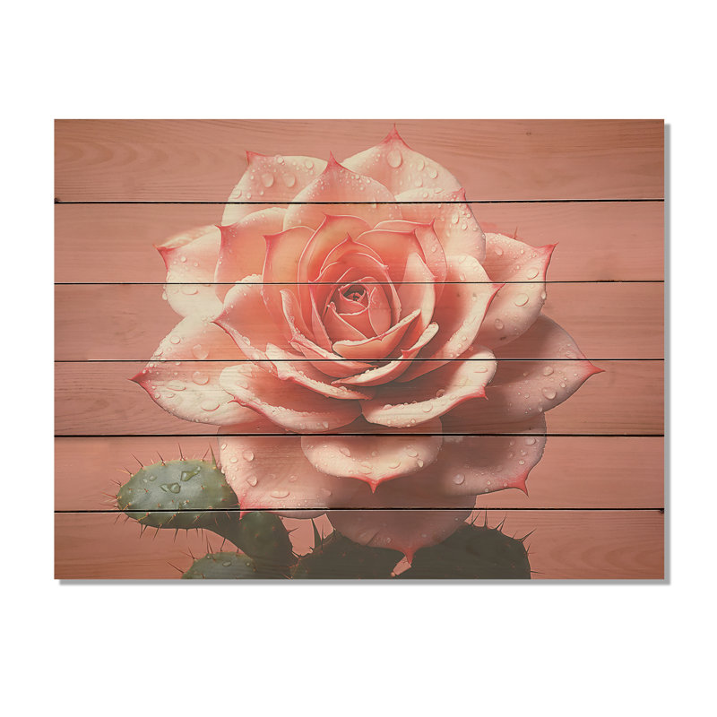 Cactus rose Resilience I - Art mural en bois de cactus sur bois de pin naturel, H 30 po x l 40 po