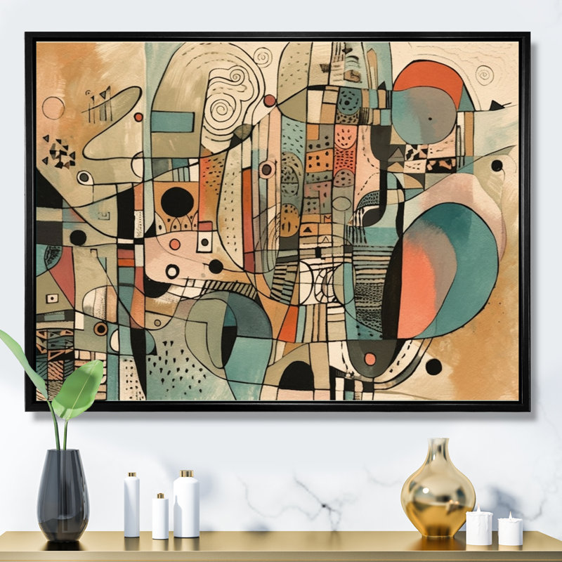 «Golden Mid Century Boho», art mural abstrait minimalisme, H 30 po x l 40 po, Reproduction avec cadre flottant, Noir