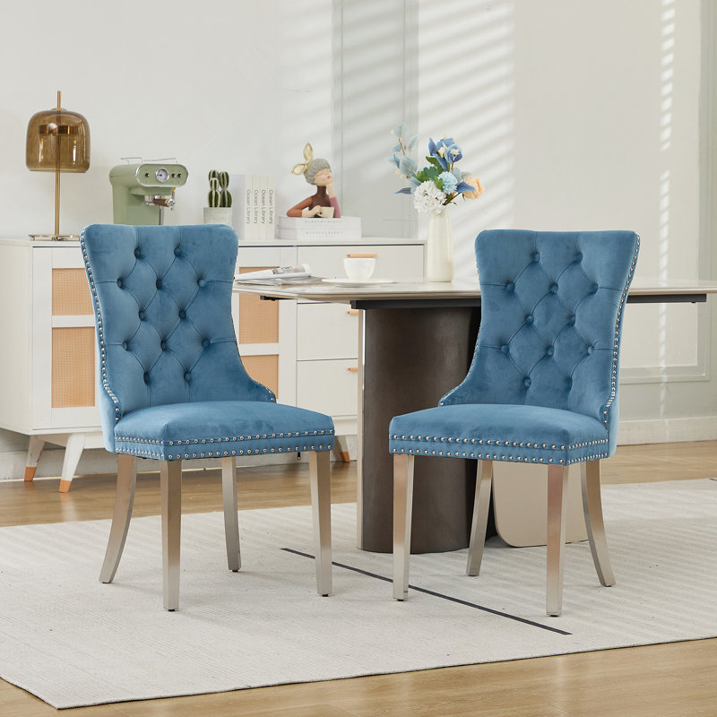 Ensemble de 2 chaises capitonnées avec garniture cloutée, Bleu pâle