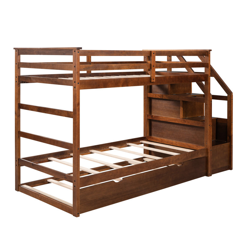 Lit superposé en noyer Twintwin avec lit gigogne pratique et finition de rangement