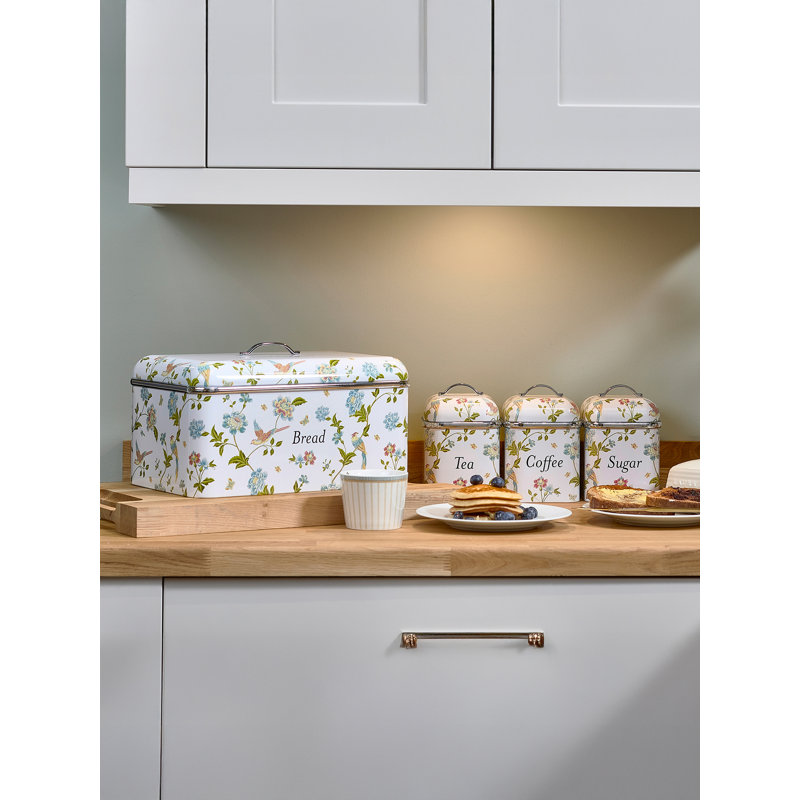 Laura Ashley Bread Bin and Set of 3 Canisters for Coffee/Sugar/Tea, White/Green