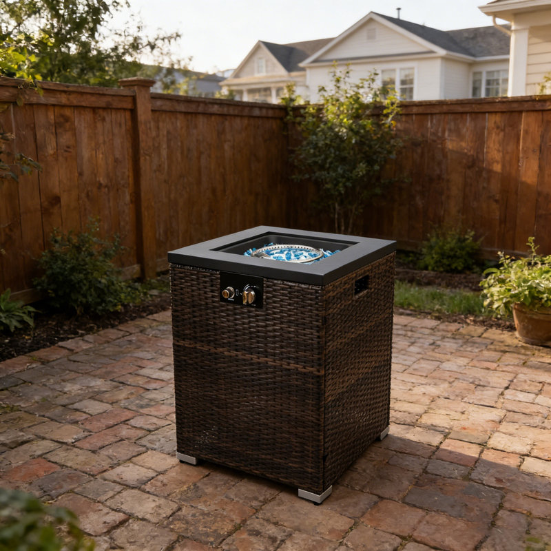 Steel Fire Pit Table With Wicker Base - 22" Square Propane Outdoor Heater, 50,000 BTU For Patio & Garden
