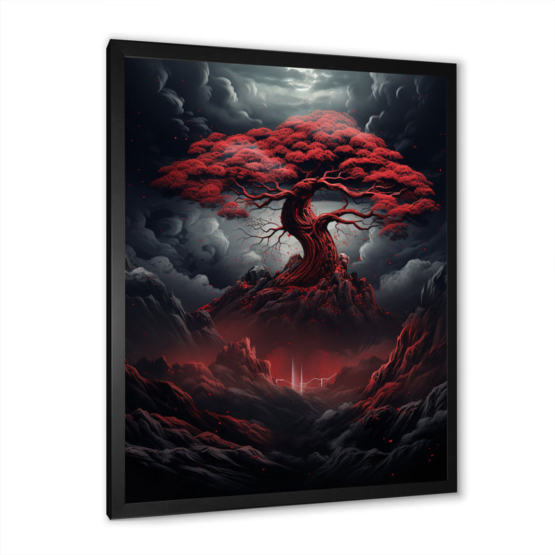 «Occult Red Tree Full Moon Mountain Magic I», reproduction sur toile, H 44 po x l 34 po x P 1,5 po, Cadre simple noir