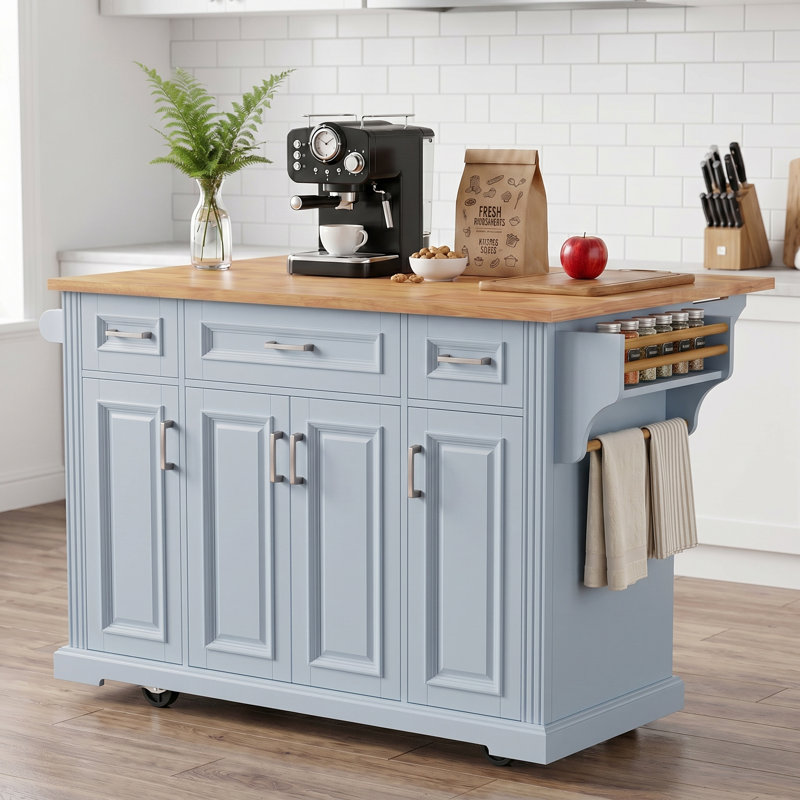 54 Inch Rubber Wood Kitchen Island with Drop Leaf, Embossed Texture Rolling Cart, 4 Wheels, 4 Doors & 3 Drawers Storage Cabinet for Kitchen Dining Room