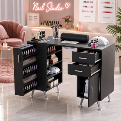 Table de manucure de 55 pouces avec collecteur de poussière, bureau à ongles professionnel avec tiroirs et repose-poignet pour salon de beauté noir