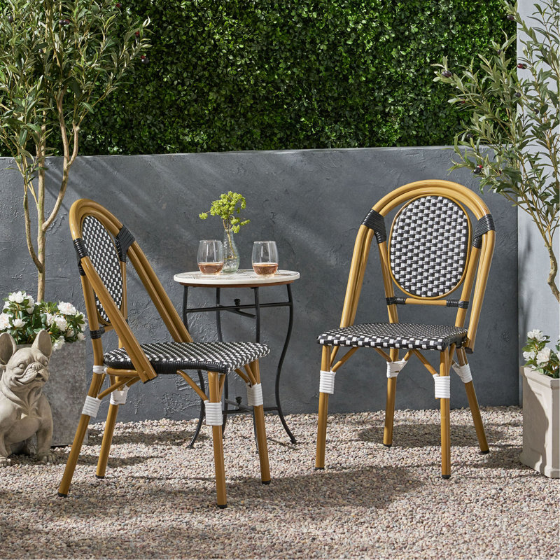 Ensemble de 2 chaises bistro d'extérieur en ratine et aluminium PE, Blanc/Noir