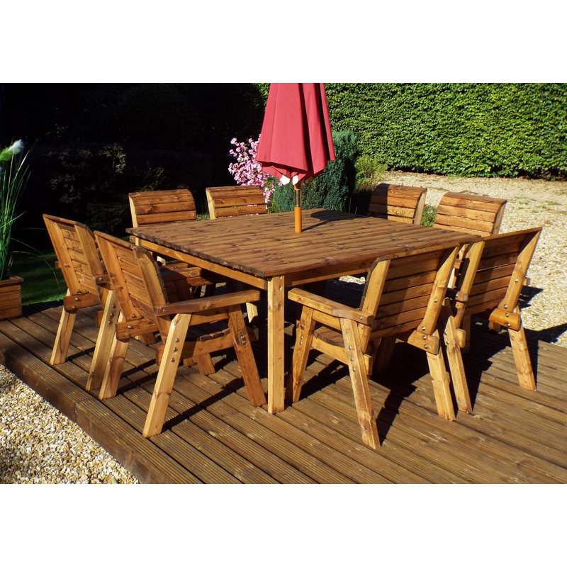 Franco 8 - Person Wood Patio Dining Set with Square Table , Cushions Included, Burgundy