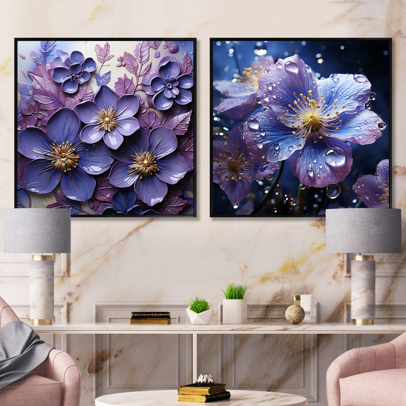 Royal Elegance II - ensemble de 2 collages carrés violets, Cadre flottant noir, H 16 po x l 33 po