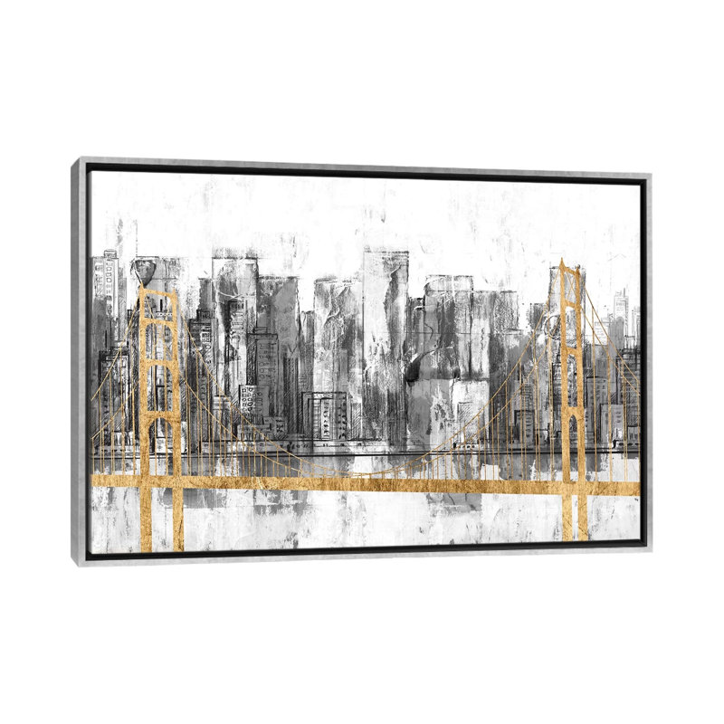 « Golden Bridge panorama » par Jennifer Goldberger-impression, H 18 po x l 26 po x P 1,5 po, Toile avec cadre argenté