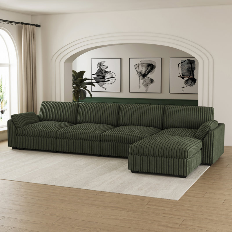 Canapé modulaire en L avec repose-pieds mobile, Velours côtelé vert