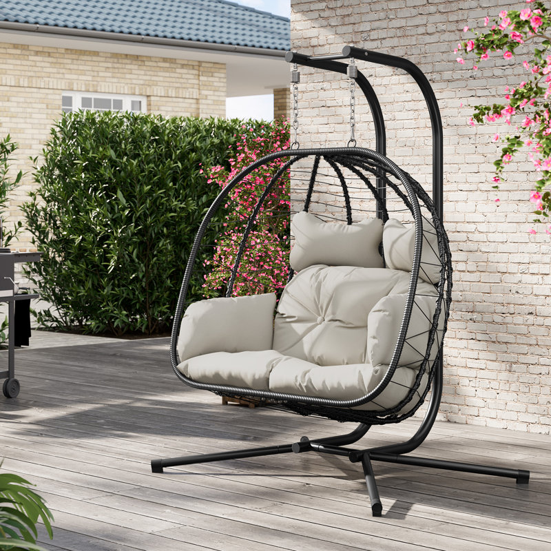 Fauteuil à œufs suspendu pour 2 personnes avec support - siège de patio extérieur en osier, capacité de 700 lb, Black/Beige