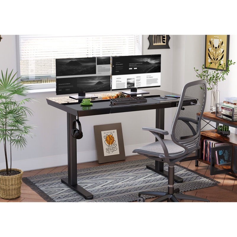Bureau debout à hauteur ajustable en verre trempé, bureau d'ordinateur avec tiroir et charge USB, Blanc