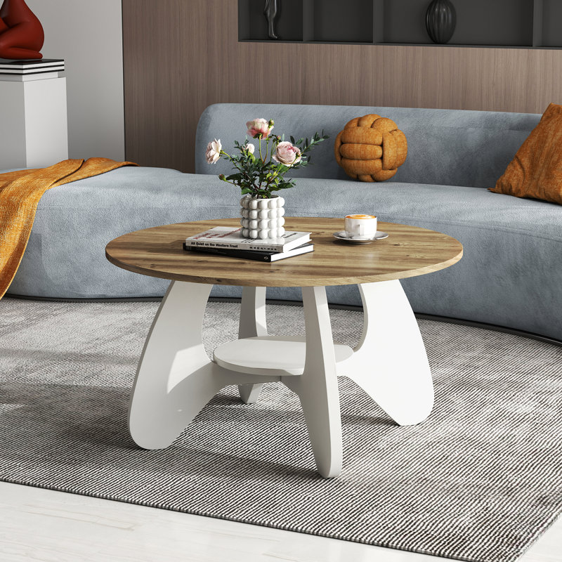 31.5" Circle Coffee Table for Living Room, 2-Tier Wood Accent Center Table with Open Storage, Oak/White