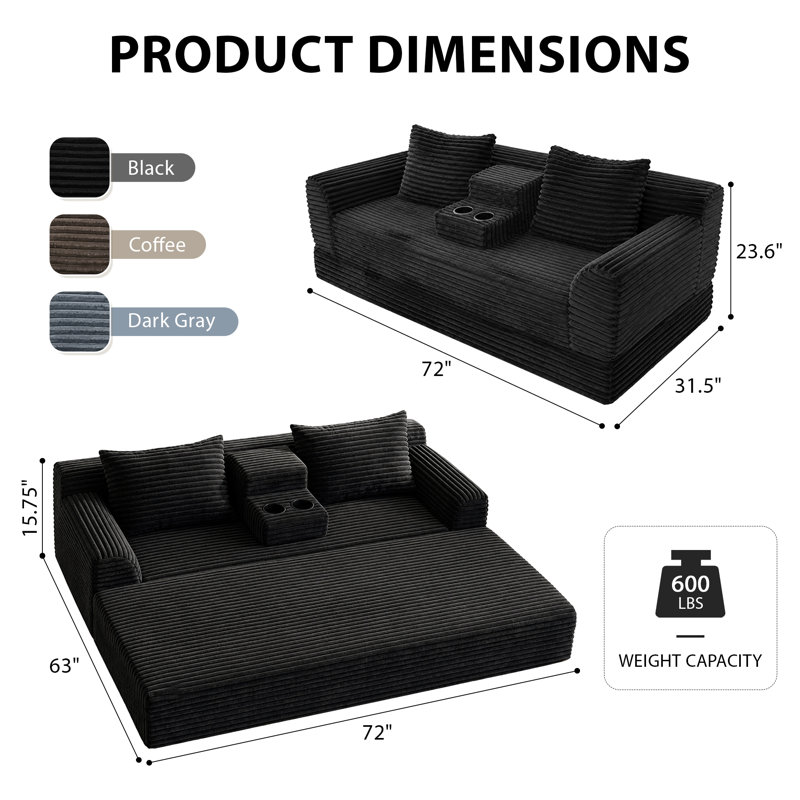 Boneless Compression Corduroy Convertible Floor Sofa Bed, 2 Seater Foldable Couch with Cup Holder Console, Multi-Mode Sleeper Sofa for Living Room