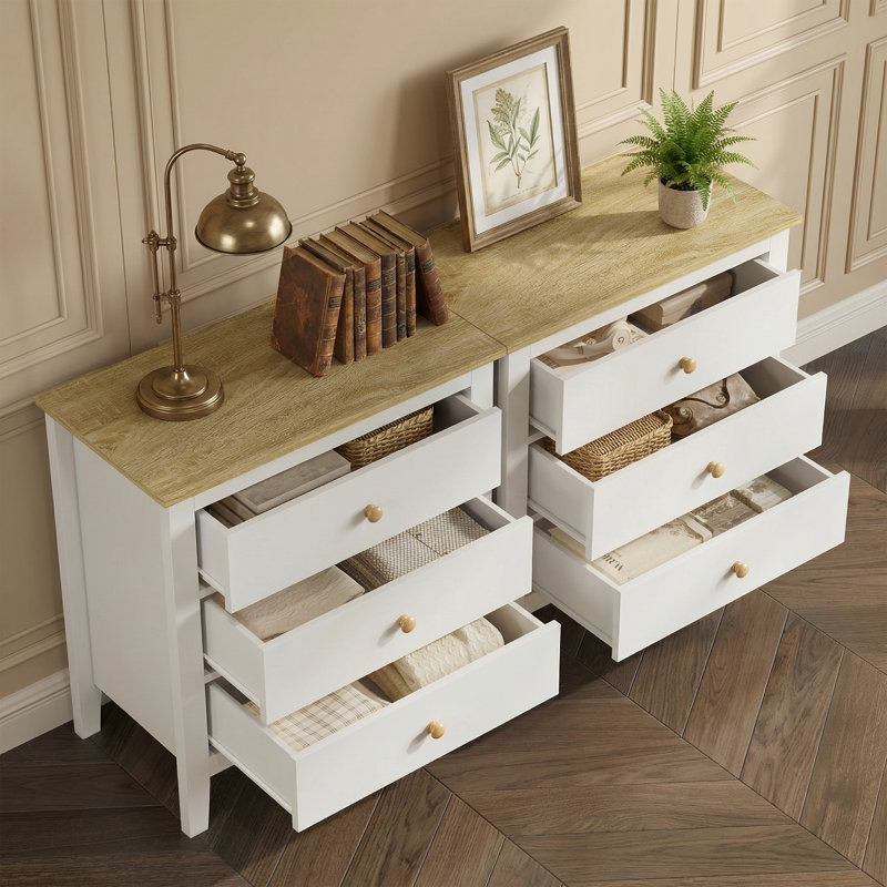 Grande table de chevet 3 tiroirs avec boutons en bois massif, ensemble de 2
