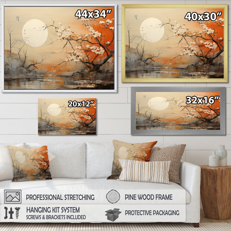 «Moon On Tangerine Twilight Landscape», impression d'art mural lune, Cadre flottant noir, H 34 po x l 44 po x P 1,5 po
