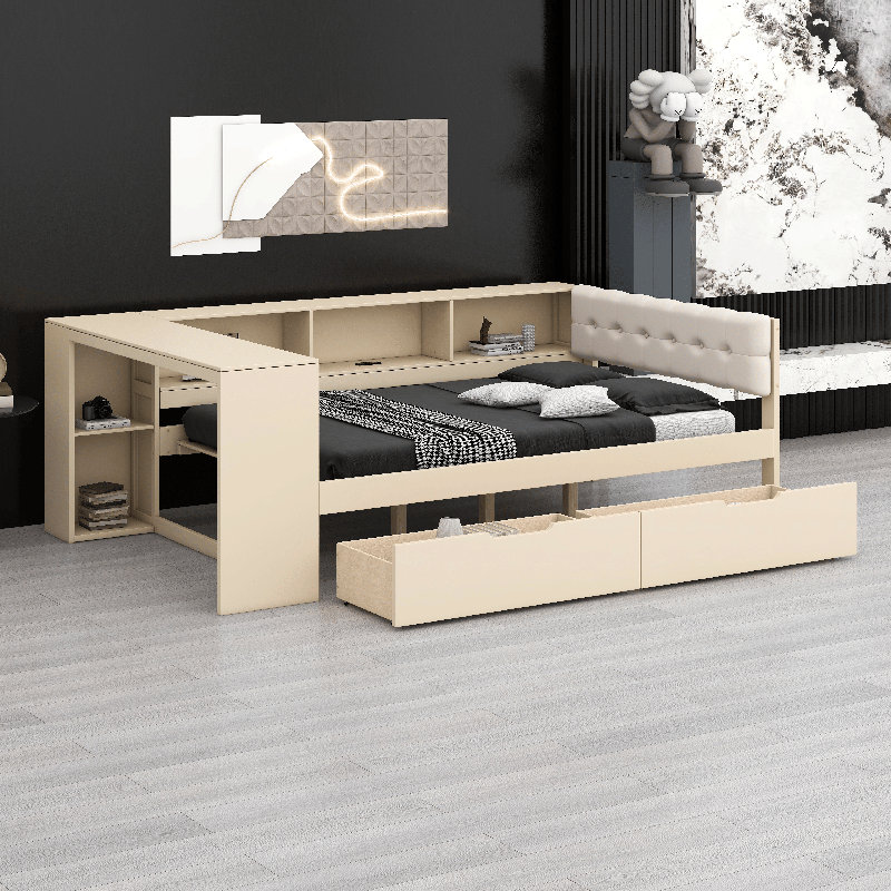 Lit plateforme double en bois avec tête de lit tapissier, tablettes, tiroirs et station de charge, Complet/Double