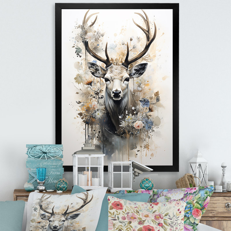 Portrait de cerf noir et blanc I sur toile, H 32 po x l 24 po x P 1 po, Cadre simple noir