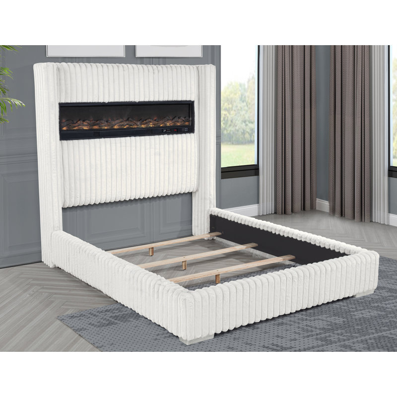 Upholstered Deluxe Fireplace High Headboard Bed, King, Cream