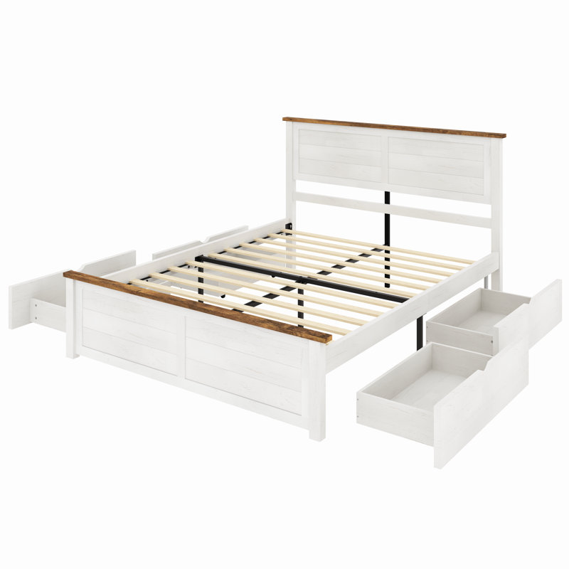  Lit plateforme double en bois massif avec 4 tiroirs de rangement, blanc / brun, Blanc / Brun, Lit double